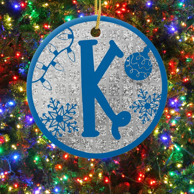 Christmas Monogram Letter K Blue Silver Glitter Ceramic Tree Decoration (Creator Uploaded)