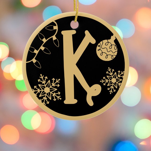 Christmas Monogram Letter K Gold Black Ceramic Tree Decoration (Creator Uploaded)