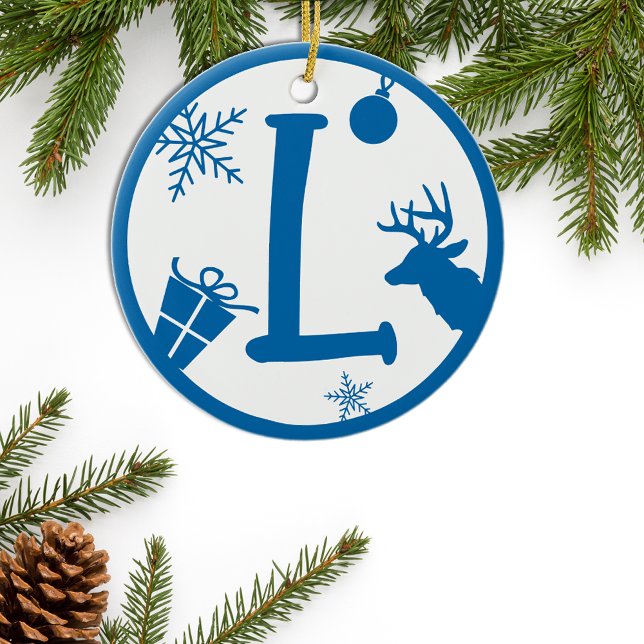 Christmas Monogram Letter L Blue White Ceramic Tree Decoration (Creator Uploaded)