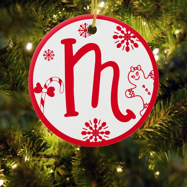 Christmas Monogram Letter M Red White Ceramic Tree Decoration (Creator Uploaded)