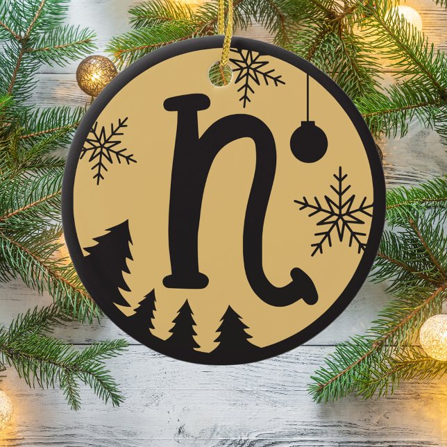 Christmas Monogram Letter N Black Gold Ceramic Tree Decoration (Creator Uploaded)