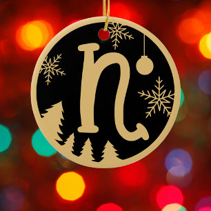 Christmas Monogram Letter N Gold Black Ceramic Tree Decoration
