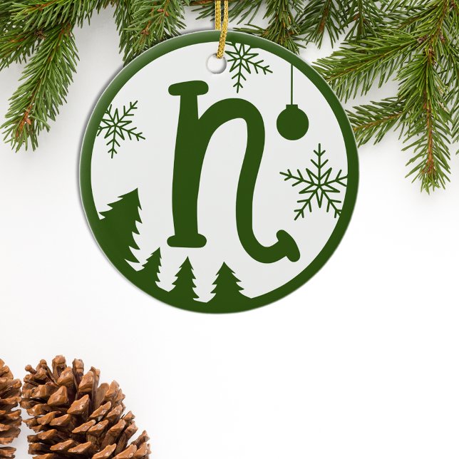 Christmas Monogram Letter N Green White Ceramic Tree Decoration (Creator Uploaded)