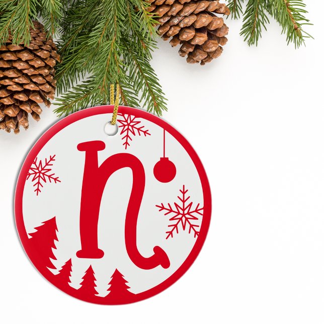 Christmas Monogram Letter N Red White Ceramic Tree Decoration (Creator Uploaded)