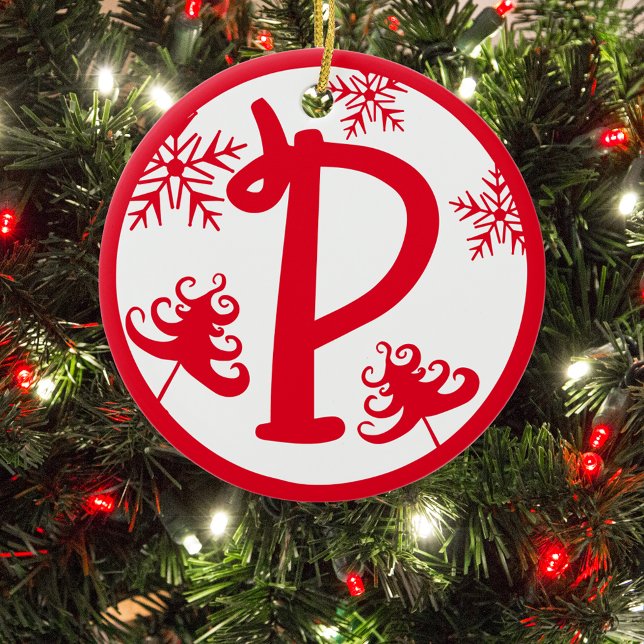 Christmas Monogram Letter P Red White Ceramic Tree Decoration (Creator Uploaded)
