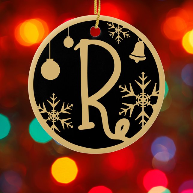 Christmas Monogram Letter R Gold Black Ceramic Tree Decoration (Creator Uploaded)