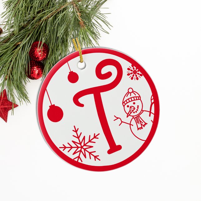 Christmas Monogram Letter T Red White Ceramic Tree Decoration (Creator Uploaded)