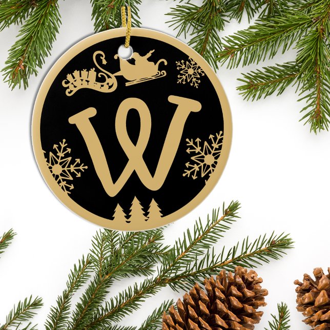 Christmas Monogram Letter W Gold Black Ceramic Tree Decoration (Creator Uploaded)