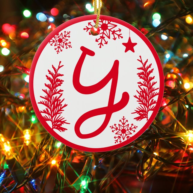 Christmas Monogram Letter Y Red White Ceramic Tree Decoration (Creator Uploaded)