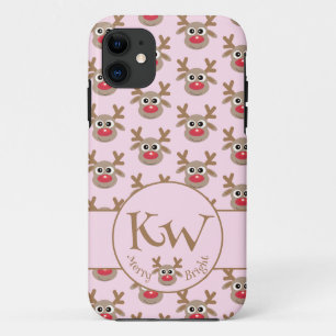 Christmas Monogram Pink Cute Reindeer Pattern Case-Mate iPhone Case