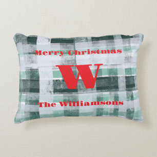 Christmas monogram plaid tartan green white red decorative cushion