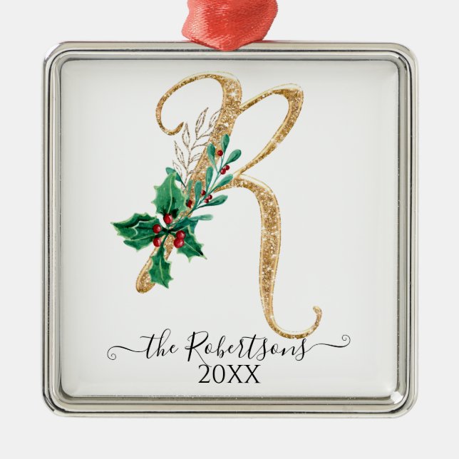 Christmas Monogram R Gold Glitter Holly Foliage Metal Tree Decoration (Front)