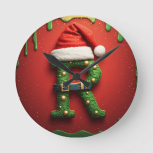 Christmas Monogram R with Santa Hat – Holiday Gift Round Clock