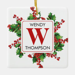 Christmas Monogram Red & Green Festive Ceramic Ornament