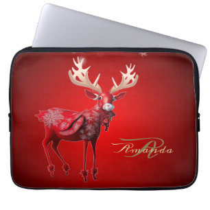 Christmas Monogram Red Reindeer Winter Holidays Laptop Sleeve