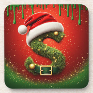 Christmas Monogram S with Santa Hat Holiday Gift Coaster