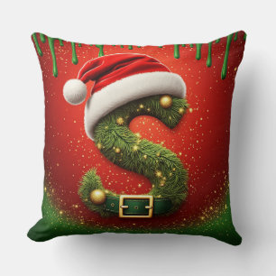 Christmas Monogram S with Santa Hat Holiday Gift Cushion