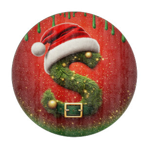 Christmas Monogram S with Santa Hat Holiday Gift Cutting Board