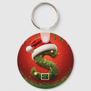 Christmas Monogram S with Santa Hat Holiday Gift Key Ring