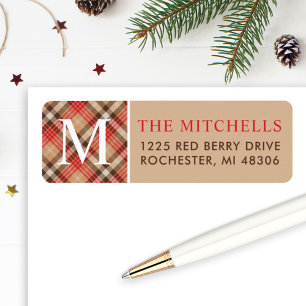 Christmas Monogram Tan Tartan Plaid Address