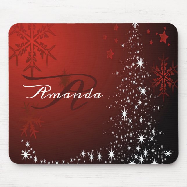 Christmas Monogram White Stars Tree Red Snowflakes Mouse Pad (Front)