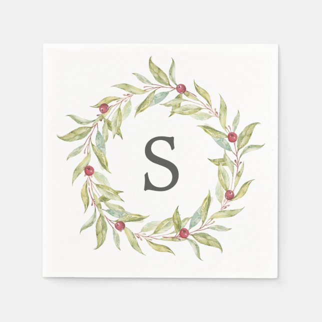 Christmas Monogram Winter Greenery Leaves Berries Napkin (Front)
