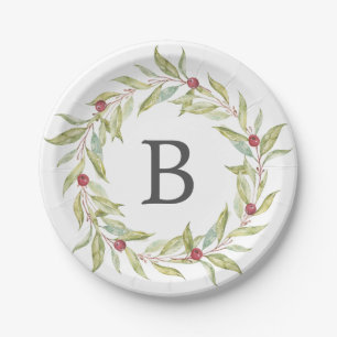 Christmas Monogram Winter Greenery Leaves Berries Paper Plate