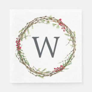 Christmas Monogram Winter Greenery Wreath Berries Napkin