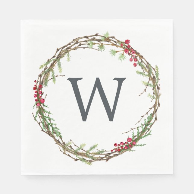 Christmas Monogram Winter Greenery Wreath Berries Napkin (Front)