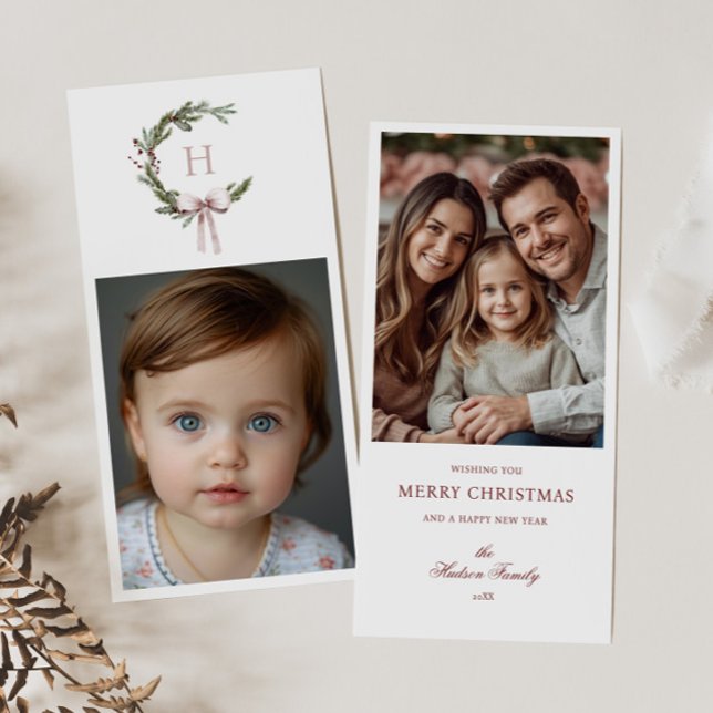 Christmas Monogram Wreath Blush Bow Photo Holiday Card (Creator Uploaded)