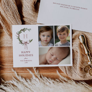 Christmas Monogram Wreath Blush Bow Photo Holiday Card