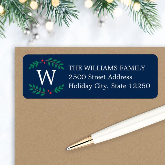 Christmas Monogram Wreath Navy Blue Return Address (Creator Uploaded)