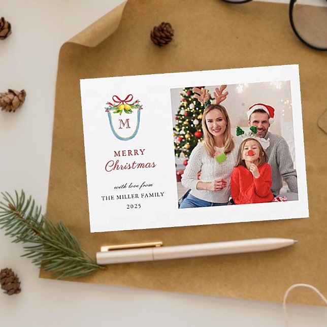 Christmas Monogrammed Lemon Crest Holiday Card (Creator Uploaded)
