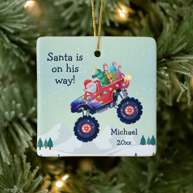 Christmas Monster Truck Santa Name and Year Ceramic Ornament (Tree)