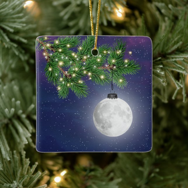 Christmas Moon Ornament Hanging From Pine Bough (Tree)