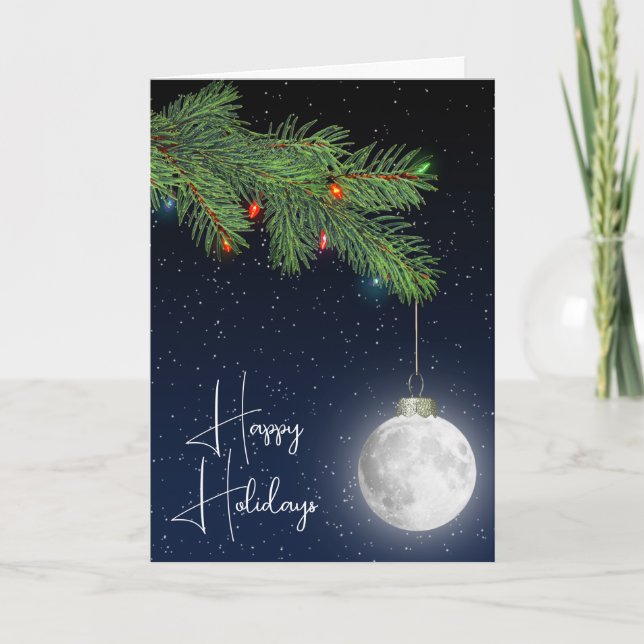 Christmas Moon Ornament On Pine Bough Holiday Card (Front)