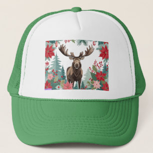 Christmas Moose And Poinsettias Trucker Hat