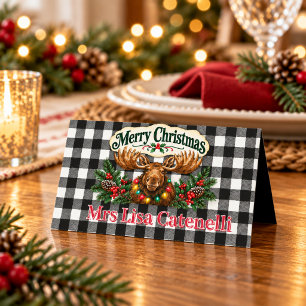 Christmas Moose Black and White Buffalo Plaid Plac Place Card