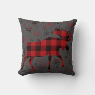 Christmas Moose classic red black plaid Cushion