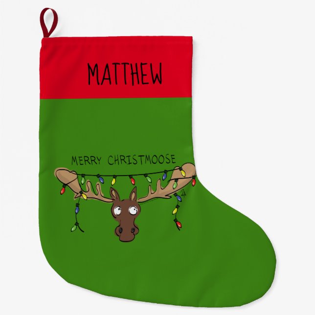 Christmas Moose Cute Funny Christmoose Large Christmas Stocking (Front)