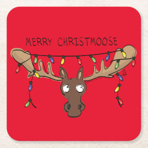 Christmas Moose Cute Funny Holiday Animal Square Paper Coaster