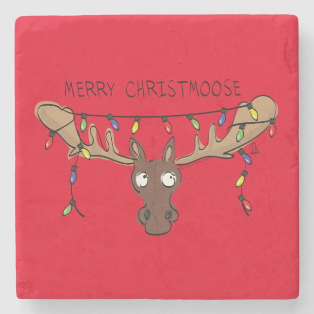 Christmas Moose Cute Funny Holiday Animal Stone Coaster (Front)