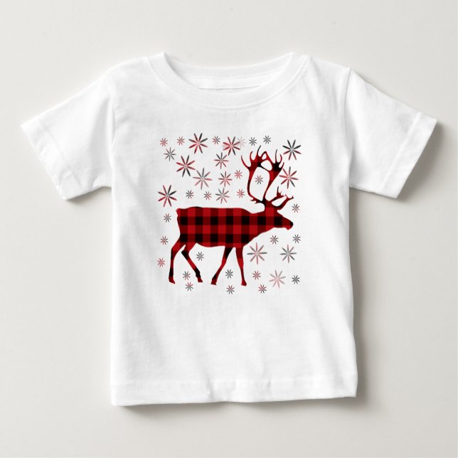 Christmas Moose, deer, elk, caribou, red plaids  Baby T-Shirt (Front)