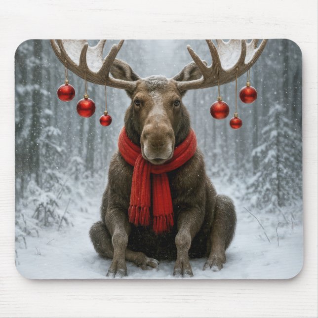 Christmas Moose In a Snowy Forest Mouse Pad (Front)