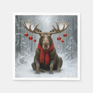 Christmas Moose In a Snowy Forest Napkin