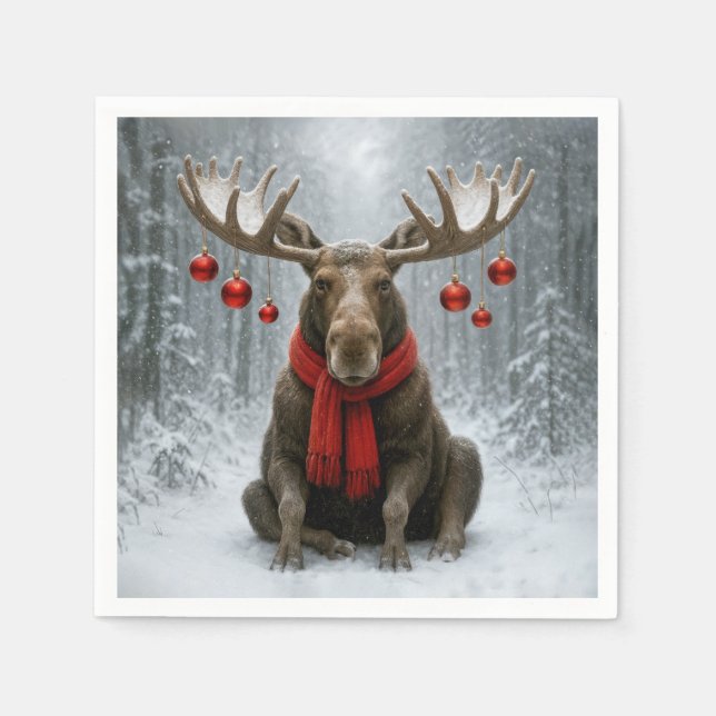 Christmas Moose In a Snowy Forest Napkin (Front)