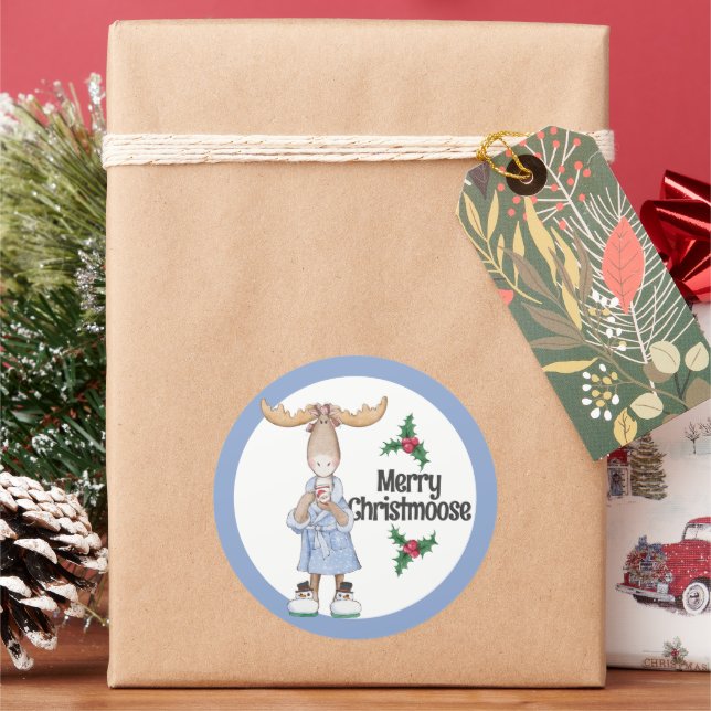 Christmas Moose in Pyjamas with Cocoa  Classic Round Sticker (Holiday)