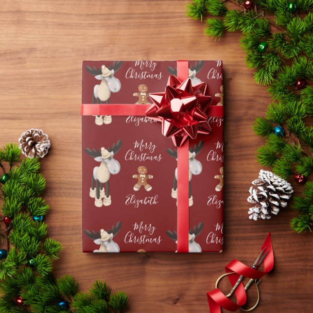 Christmas Moose Merry Christmas Personalised Red Wrapping Paper (Holiday Gift)
