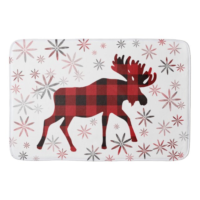Christmas Moose red plaids snowflakes Bath Mat (Front)