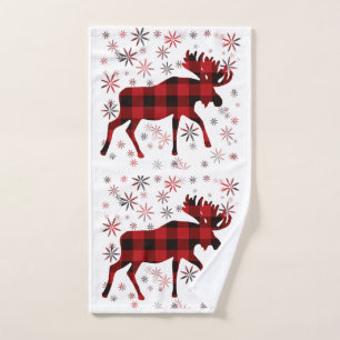 Christmas Moose red plaids snowflakes Bath Towel Set